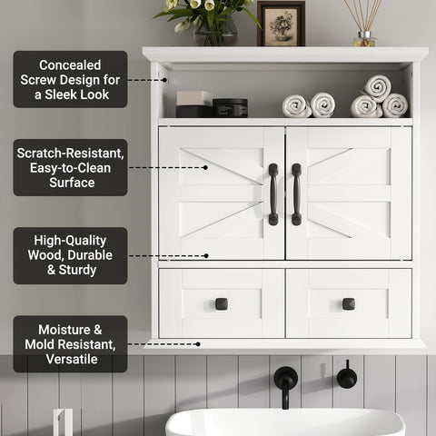 SEEDAY Wall Bathroom Cabinet,Bathroom Medicine Cabinet with Double Door Wall,Two Drawers,Adjustable Shelves,White