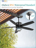 Zardon 52" Black Outdoor Ceiling Fan with Light - Remote Control, 6 Speeds, Waterproof,