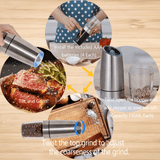 YUOFD Electric Pepper Grinder 2PCS, Electric Salt and Pepper Grinder Set with Battery, Gravity Sensing Automatic Grinding, Silver
