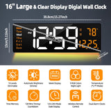 DOQAUS 15" Digital Wall Clock, Large Display LED Digital Clock with Remote Control, for Living Room Decor, Automatic Brightness Dimmer with Date Week Temperature Alarm clock Timer (Orange)