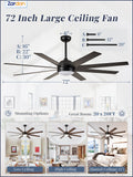 Zardon 72 inch Large Ceiling Fan with Light and Remote, Indoor Black Modern Ceiling Fan, 6 Speed