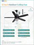 Zardon 52" Black Outdoor Ceiling Fan with Light - Remote Control, 6 Speeds, Waterproof,