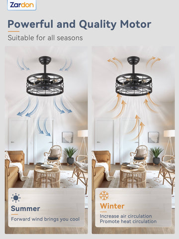 Zardon 16.5" Low Profile Modern Caged Ceiling Fan with Light and Remote Control, Ultra-Quiet DC Motor, 3 Color Temperatures & Timer for Bedroom, Kitchen, Office-Black