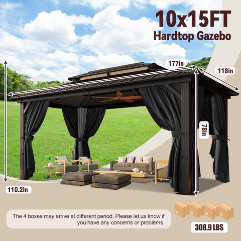 SANOPY 10x15ft Hardtop Gazebo Double Roof Aluminum Gazebo Outdoor Waterproof Gazebo Canopy with Netting and Curtains for Backyard, Deck, Patio,Black