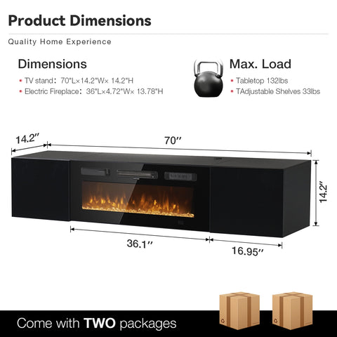 Oneinmil Floating TV Stand with 36" Electric Fireplace, Wall Mounted Fireplace Entertainment Center with Storage for TVs Up to 80", Adjustable Partition, Black/White (All Black)