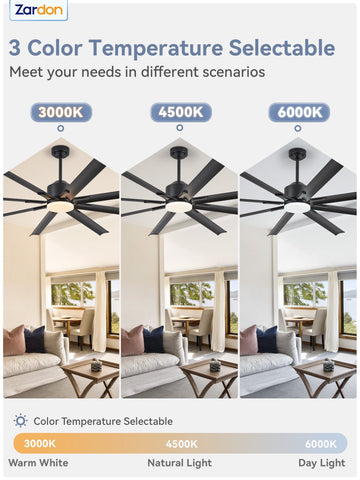 Zardon 72 inch Large Ceiling Fans with Lights and Remote, 6 Speed Reversible DC Motor, Dual Finish 8 Blades-Black