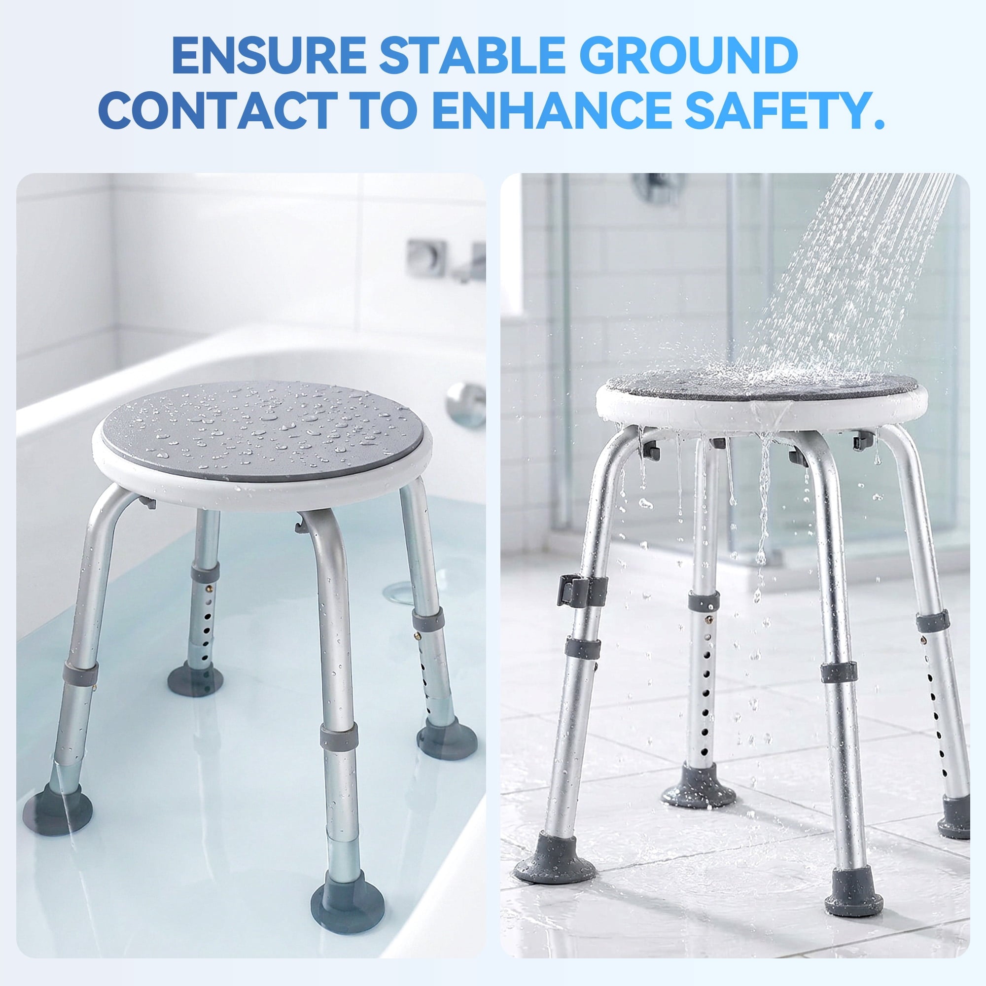 SACVON Adjustable Round Shower Chair, Non-Slip Bath Stool with Aluminum Legs, Tool-Free Height Adjustable Seat for Shower or Tub, Gray