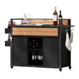 52.8"W Wicker Outdoor Grill Cart with Extended Plastic Wood Table Top, Rolling Kitchen Island on Wheels with Storage Cabinet, for Patio Backyard Garden Poolside, Double Handle Design, Black Brown