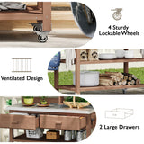 64.9"H Outdoor Potting Bench Table with Lockable Wheels, Solid Wood Outdoor Kitchen Island with Upper Hutch, Stainless Steel Top, Towel Rack ,Outdoor Storage for Grilling, Lawn Garden -Brown