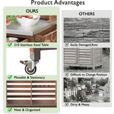 64.9"H Outdoor Potting Bench Table with Lockable Wheels, Solid Wood Outdoor Kitchen Island with Upper Hutch, Stainless Steel Top, Towel Rack ,Outdoor Storage for Grilling, Lawn Garden -Brown