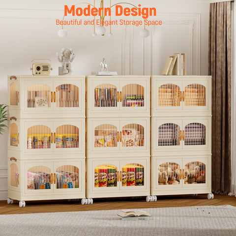 Behost 3 Pack Plastic Large Storage Bins with Lids, Closet Organizers and Storage, Stackable Storage Containers with Wheel, Beige