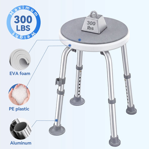 SACVON Adjustable Round Shower Chair, Non-Slip Bath Stool with Aluminum Legs, Tool-Free Height Adjustable Seat for Shower or Tub, Gray