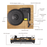 1231 Turntable Record Player with 3-Speed Belt-Drive, Vinyl Records Player with Built-in Speakers and Bluetooth, RCA/AUX/Headphone Out, Auto Off