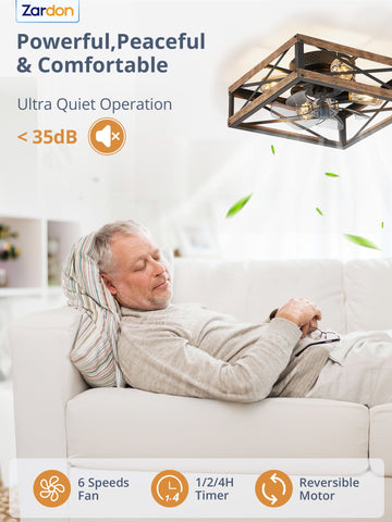 Zardon 16" Low Profile Caged Ceiling Fan with Light & Remote Control, Modern Brown Wood Finish, 6-Speed Quiet DC Motor for Indoor Spaces