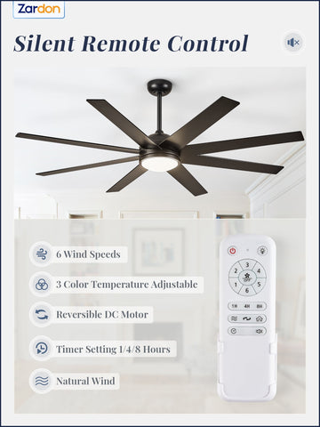Zardon 72 inch Large Ceiling Fan with Light and Remote, Indoor Black Modern Ceiling Fan, 6 Speed