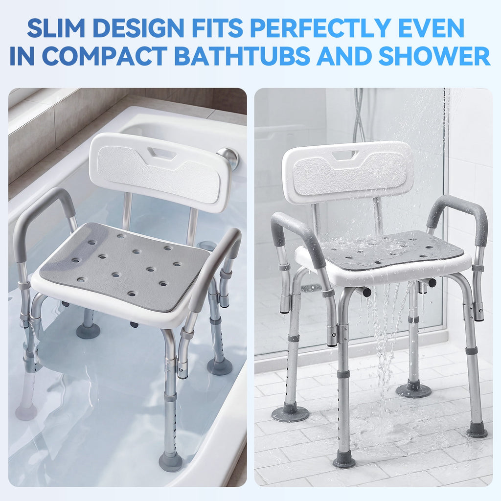 SACVON Shower Chair for Elderly, Adjustable Height Bath Chair with Armrests, Backrest and Non-Slip Seat, 300 lbs Capacity, White