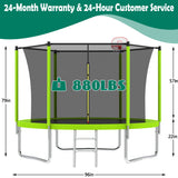 Mersco 8ft Trampoline for Kids Adults,Outdoor Trampoline with Enclosure,BasketballHoop and Ladder,Upright-Poled Backyard Trampoline with Total Loading 880Lbs,Birthday Gifts,Green