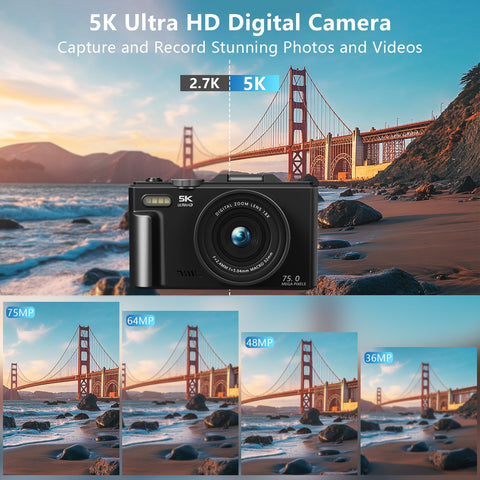Saneen Digital Camera 5K 75MP WiFi Vlogging Cameras for You Tube 3''180° Flip Screen 18X Zoom with 32GB Card  for Beginners Black