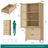 Walsunny 64" kitchen Pantry Cabinet with Rattan Doors and 2 Drawers, Freestanding Tall Storage Cabinet with Wine Rack Rattan Pantry Natural