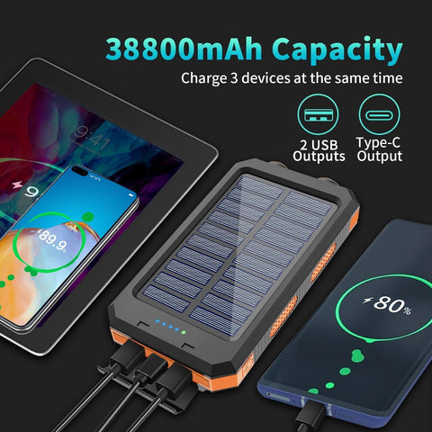 38800mAh Super Capacity Solar Charger with 2 LED Light Flashlight & Compass for Indoor Outdoor Camping Hiking, Portable Power Bank with 3-Outputs for iPhone/iPad/Android Phones-Orange