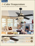 Zardon 48" Farmhouse Crystal Chandelier Ceiling Fan with Light, 6 Speeds, Quiet Reversible DC Motor, 3CCT Adjustable-Black