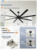 Zardon 96 inch Industrial Ceiling Fan with Remote Control – Quiet, High Airflow, Durable for Home & Commercial Use - Black