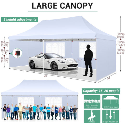 SANOPY 10' x 20' EZ Pop up Canopy Party Tent, Outdoor Event Instant Gazebo with 6 Removable Sidewalls for Camping Wedding Picnic, White-2JK