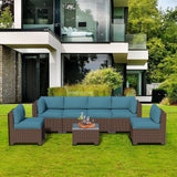 7 Pieces Outdoor Patio Furniture Set, Rattan Sectional Sofa, Conversation Set with Waterproof Cushion and Coffee Table, for Deck, Backyard, Garden, Peacock Blue