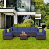 7 Pieces Outdoor Patio Furniture Set, Rattan Sectional Sofa, Conversation Set with Waterproof Cushion and Coffee Table, for Deck, Backyard, Garden, Peacock Blue