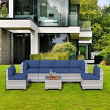 7 Pieces Outdoor Patio Furniture Set, Rattan Sectional Sofa, Conversation Set with Waterproof Cushion and Coffee Table, for Deck, Backyard, Garden, Peacock Blue