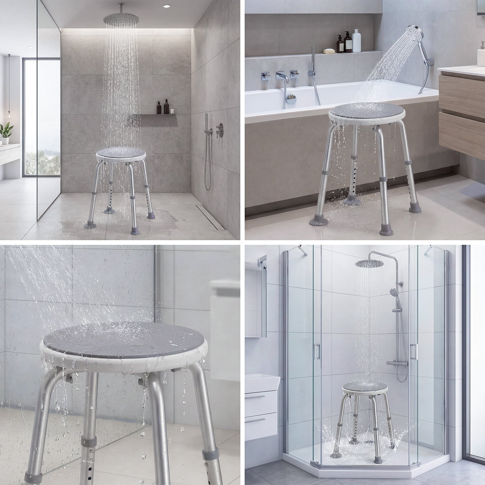SACVON Adjustable Round Shower Chair, Non-Slip Bath Stool with Aluminum Legs, Tool-Free Height Adjustable Seat for Shower or Tub, Gray