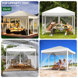 Vecukt 10x10ft Pop Up Canopy Tent with Removable Mesh Mosquito Sidewalls, Remote-Controlled 8-Color LED Lights ,Instant Outdoor Shelter Gazebo Tent, White