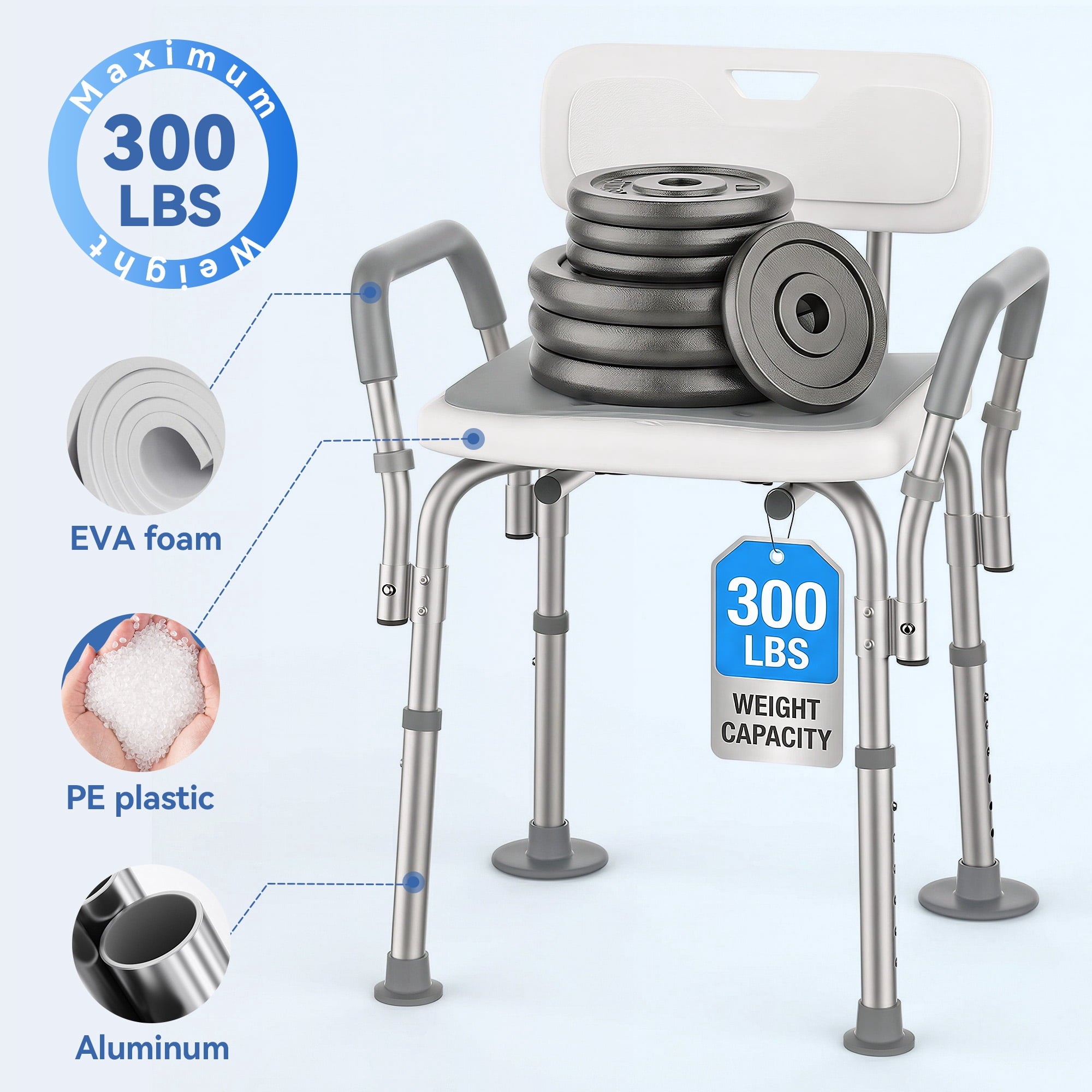 SACVON Shower Chair for Elderly, Adjustable Height Bath Chair with Armrests, Backrest and Non-Slip Seat, 300 lbs Capacity, White