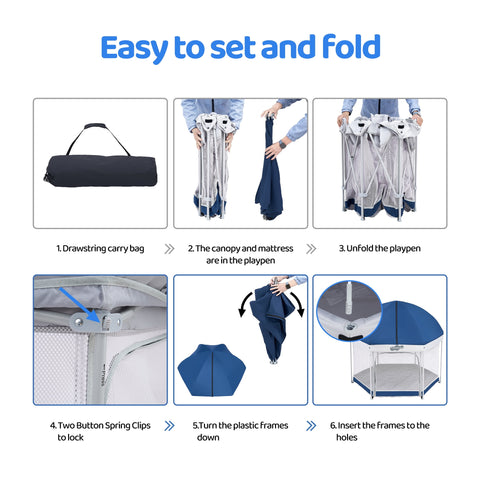 Pamo Babe Unisex Premium Indoor and Outdoor Baby Playpen - Portable, Lightweight, Toddler Play Yard With Canopy and Travel Bag - Blue