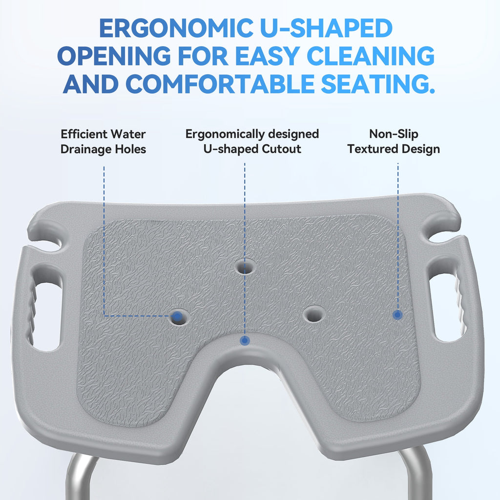 SACVON U-Shaped Shower Chair with Open Hygiene Seat, Height Adjustable Non-Slip Aluminum Bath Stool for Shower or Tub