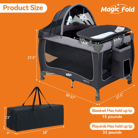 Pamo Babe Baby Playard, Magic Fold 1 Step Portable Playpen Changing Table for Newborn, Four-Panels