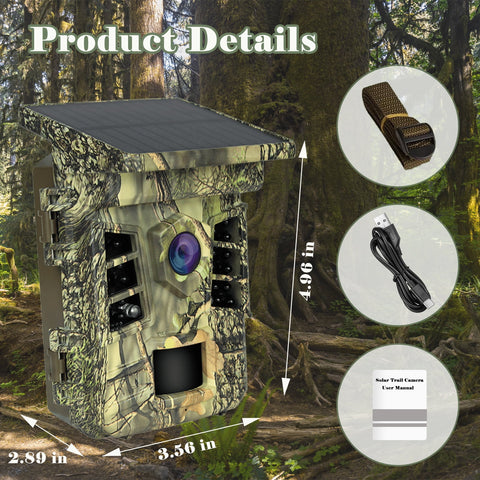 RONY 32GB Solar Trail Camera with Infrared Night Vision, 4K 30fps Motion Activated Waterproof IP66 Hunting Trail Cam for Wildlife Monitoring Scouting