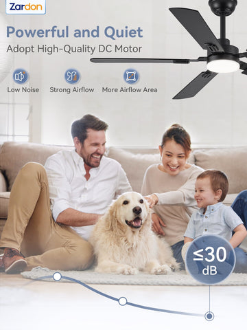 Zardon 52" Modern Black Ceiling Fan with Light and Remote Control, Ultra-Quiet DC Motor, 3 Color Temperatures, Timer for Bedroom and Living Room