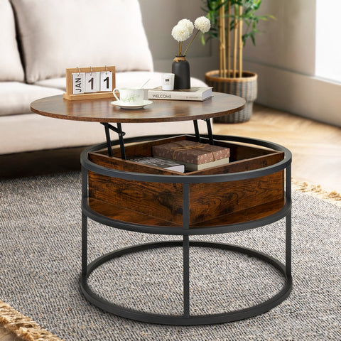 Behost Round Lift Top Coffee Table with Storage, Industrial Wood Coffee Table with Metal Frame for Living Room, Rustic Brown