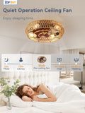 Zardon 20" Boho Ceiling Fan with Light & Remote, Rattan Caged Farmhouse Bamboo Flush Mount - 6-Speed Silent Motor, Timer for Bedroom, Living Room (Brown)