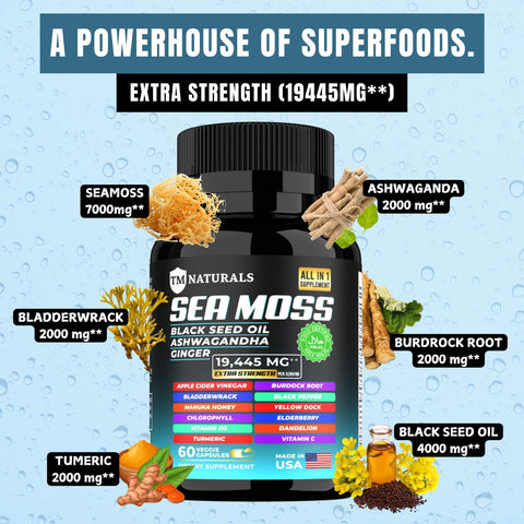 TM Naturals Sea Moss with Black Seed Oil for Hair & Ashwagandha - Immune & Energy Support - 60 Vegan Capsules with Free Pill Box1