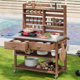 64.9"H Outdoor Potting Bench Table with Lockable Wheels, Solid Wood Outdoor Kitchen Island with Upper Hutch, Stainless Steel Top, Towel Rack ,Outdoor Storage for Grilling, Lawn Garden -Brown