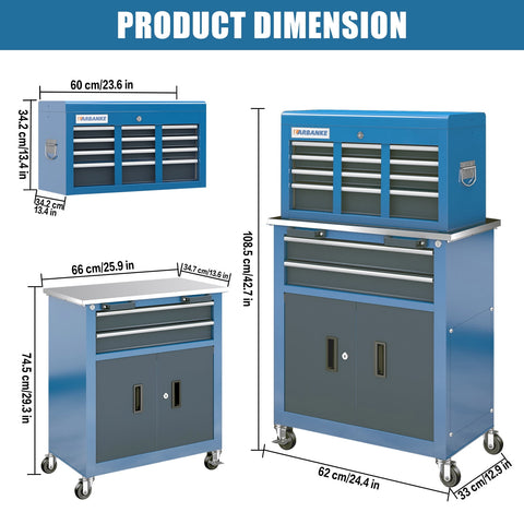 8-Drawer Rolling Tool Chest w/Stainless Top & Sliding Drawers - Heavy-Duty Garage Workbench w/Wheels