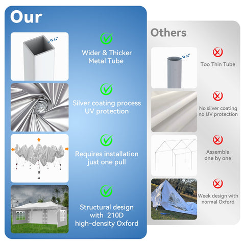 VECUKTY 10 x 20ft Pop up Canopy Tent with 6 Sidewalls, Wheeled Bag, Shelter for Outdoor Shade,White