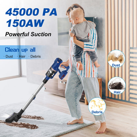 Cordless Vacuum Cleaner, 45Kpa 60Mins Stick Vacuum Cleaner with LED Touch Screen, Lightweight Vacuum for Home Pet Hair Carpet Hard Floors V11(Blue)