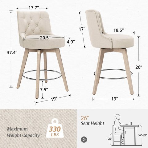 Dycanpo 26"H Counter Height Bar Stool Set of 3 with Back Linen Fabric for Home Kitchen, Linen Color