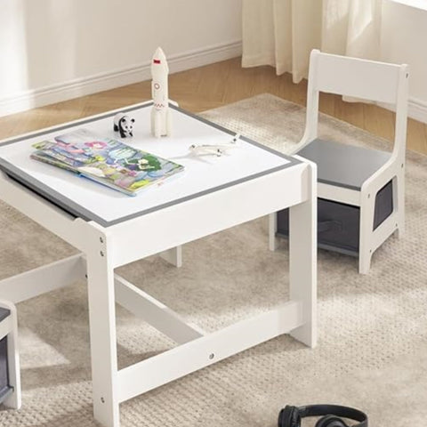4-in-1 Kids Table and Chairs Set with Removable Tabletop Storage & Bookshelf, Toddler Table and Chair Set for Playroom Kids Room or Living Room, Gray