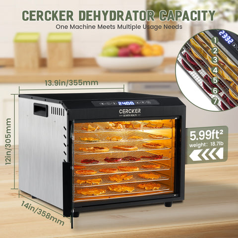 Cercker Food Dehydrator Machine 7 Stainless Steel Trays, 6ft² Jerky Dehydrator 800W, 190ºF Food Dryer