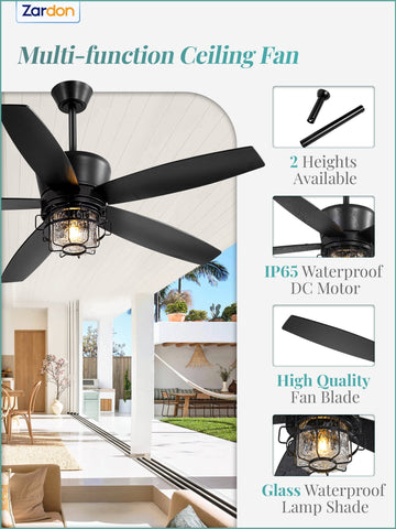 Zardon 52" Black Outdoor Ceiling Fan with Light - Remote Control, 6 Speeds, Waterproof,