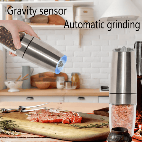 YUOFD Electric Pepper Grinder 2PCS, Electric Salt and Pepper Grinder Set with Battery, Gravity Sensing Automatic Grinding, Silver
